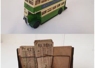 Top: Model Southdown double-decker bus. Bottom: Bus ticket rack.