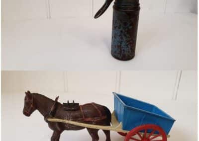 Top: Pump-action oil can. Bottom: Model horse and cart.