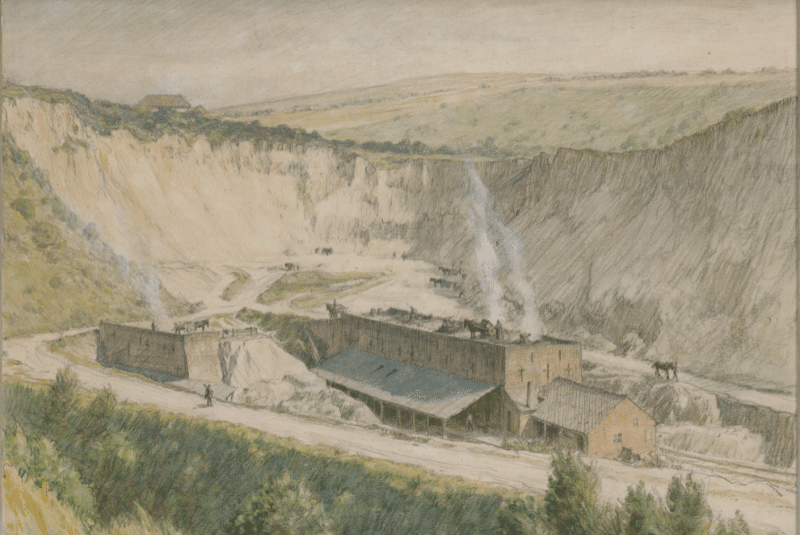 ‘Lime burning at Amberley’ by Hubert Williams, 1925 Carbon-pencil drawing and watercolour